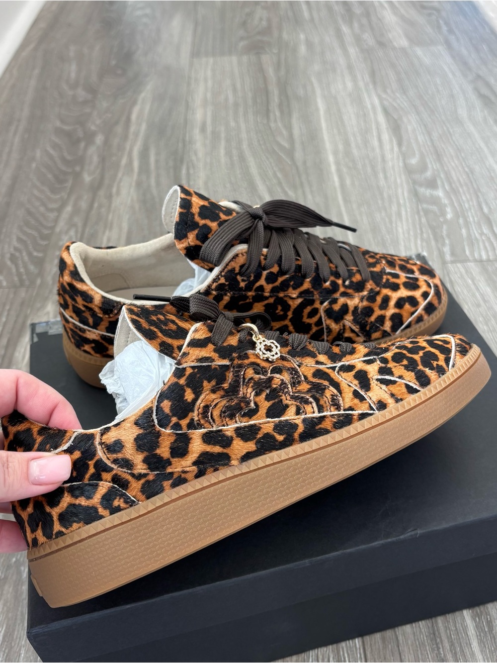 Maje Leather Leopard-Print Low-Top Sneakers in Black and Brown